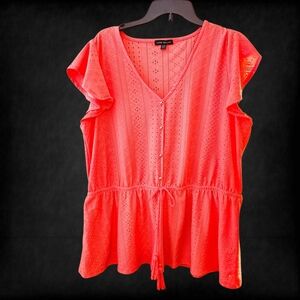 Lane Bryant Coral Melon Color Flutter Sleeve Blouse Size 18 / 20 Boho Vacay EUC